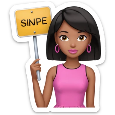 Black barbie, short  black bob  hair, pink dress with a sign that says snipe sticker