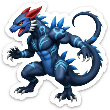 Black and Blue Venom-Stitch-WereGarurumon-Zekrom-Salandit-Sneasel-fusion, full body, tribal markings  sticker