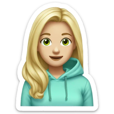 Girl Blonde liss hair at shoulders, green eyes, sonrisa, light blue hoddie sticker