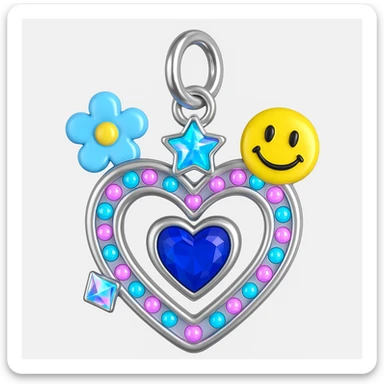 convert to a Y2K style charm: add a silver jump ring to the top for attaching to a bracelet or necklace, keep the holographic diamond, blue sapphire accent, and playful Y2K details, 3D emoji style sticker