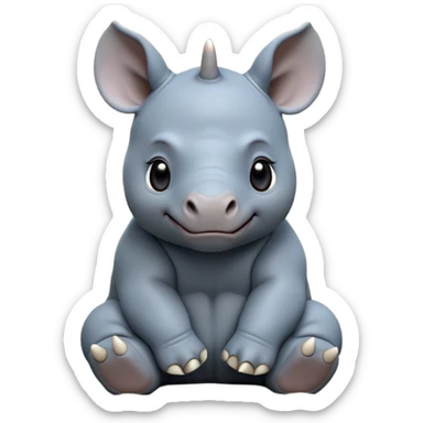 cinematic-baby rhino-full-body-sitting-emoji,white horn, slate grey/blue skin -massive-body-poised-powerfully,-thick-horn-curving-slightly-forward,-head-tilted-dramatically,-rough-grey-hide-covered-in-dust,-simplified-focused-features, large cute black eyes sticker