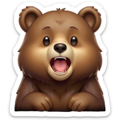 Cinematic Cute Yawning Bear Portrait Emoji, Head tilted slightly with a dramatic, wide-open yawn, showcasing a soft, plush dark brown fur with drooping ears, round eyes barely open in drowsy contentment, Simplified yet irresistibly adorable features, highly detailed, glowing with a soft, cozy glow, high shine, relaxed yet expressive, stylized with a touch of woodland charm, bright and endearing, soft glowing outline, capturing the essence of a sleepy yet affectionate bear, so drowsy it feels like it could lumber out of the screen and curl up for a nap! sticker