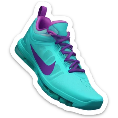 Hyper Realistic top front view of a pair of turquoise,light teal,magenta,and dark purple Nike Shocks. sticker