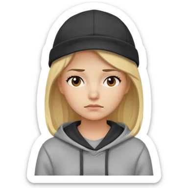 Blonde female tech developer going back to work after christmas holidays, looking tired and wearing a hoodie and cap sticker