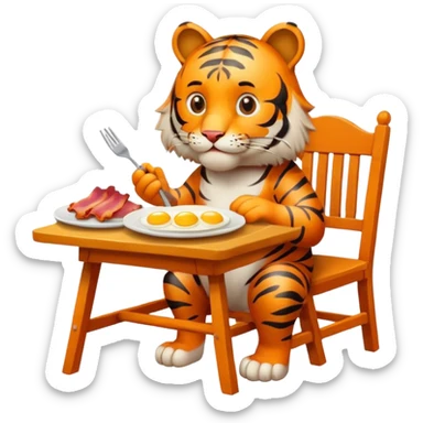 Tiger sitting by a table on a chair, with a plate of eggs and bacon in front of him on the table sticker