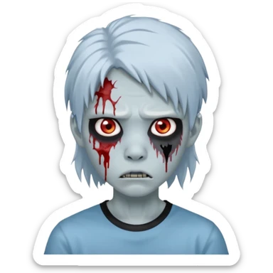 Create a 3D emoji-style avatar with very pale blue-grey zombie skin like the reference image, a young Asian face, and large eyes with blood tears. Give it white mullet-style hair, silver hoop earrings, and a simple black T-shirt. The face expression should be slightly angry sticker