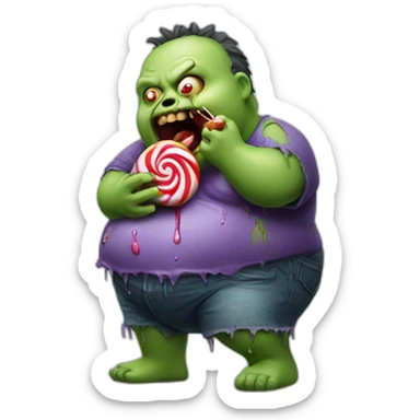 fat zombie eating a lollipop hyperrealistic sticker