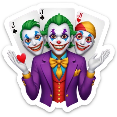 3 poker cards, with crazy colorful human jolly jokers inside, face and torso only sticker