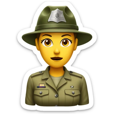 a female drill sergeant showing full torso wearing a classic sergeant hat and a camouflage army shirt. The character should have an angry intense expression.  sticker