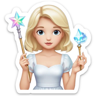 dorothy queen blonde hair, white dress with magic wand sticker