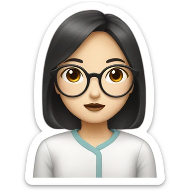 a girl with a black square in glasses for vision eats Korean food sticker