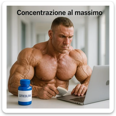 hyper realistic bodybuilder studying with Citicolina and laptop, well visible muscles, blue bottle, laptop, text 'Concentrazione al massimo', modern environment, light background sticker