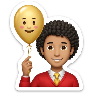 brown skin, black curly hair man hold gold balloon sticker