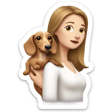 Brown haired woman with white skin wearing white top holding a blonde long haired dachshund sticker