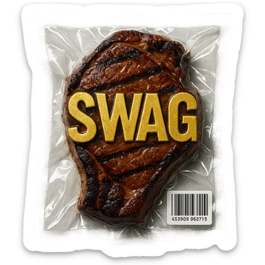grilled steak with bold gold 'SWAG' letters, glossy vacuum-sealed style sticker