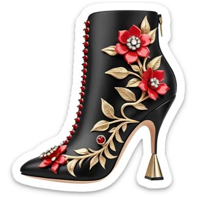 Alexander McQueen realistic highly detailed, Women's ankle booties with embellishments, vivid and glamorous, still life. Rendering, side view, 8k sticker
