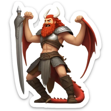 Viking red head beautiful  dragon queen with a slain Viking solder with a man bun standing on a dragon flying over a volcano in a beautiful sky sticker