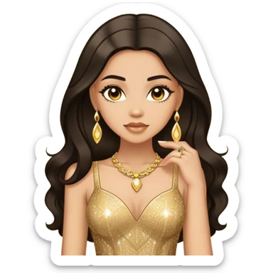 light skin woman with half long dark hair in gold sparkle dress with gold jewelry sticker