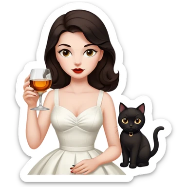 Beautiful woman in 1950’s woman fashion look, white dress, long dark brown hair, whisky with ice, black cat sticker
