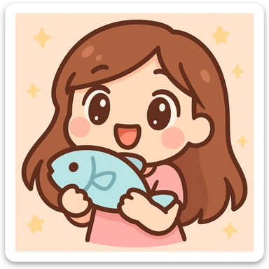 twitch emote of a cute cartoon girl with long brown hair holding a fish, digital art, bold outlines, exaggerated features, energetic pose sticker