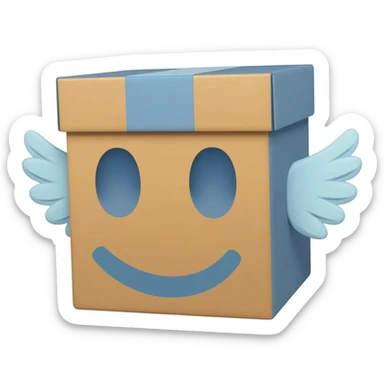 cute smiling delivery package with small eagle wings, logistics mascot emoji, blue and orange colors, simple flat emoji style, white background sticker