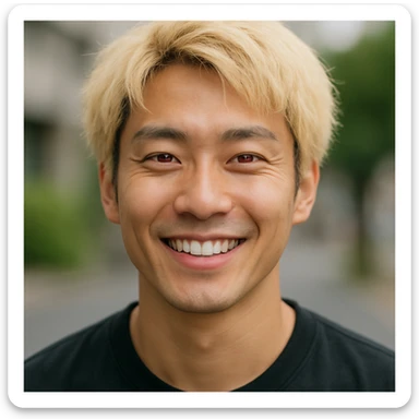 Japanese man with red eyes and blond hair, smiling, realistic portrait sticker