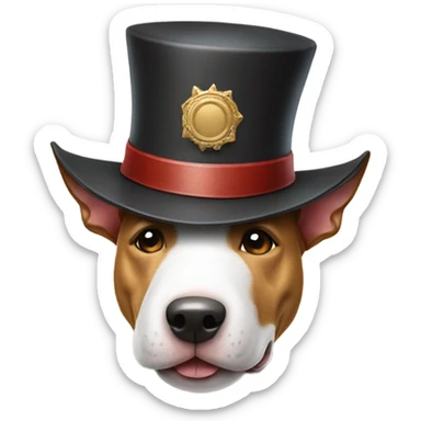 Bull terrier with a hat sticker