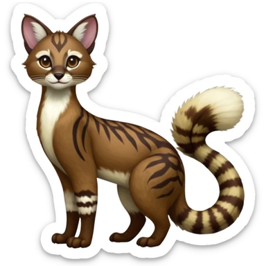 Colorful dark chocolate-brown tropical beige, white fur iridescent glorious divine exotic cute cool beautiful shiny beautiful fantasy-caracal-civet-genet-sergal-vernid-Cacomistle-oncilla-animal-Fakémon-hybrid-fursona with pattern markings (full body) sticker