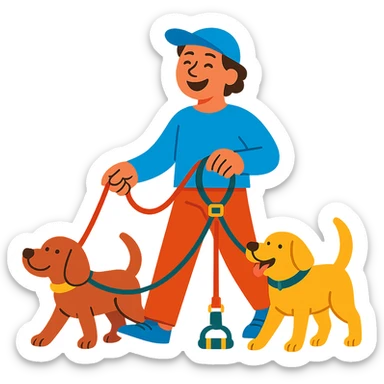 happy person walking two dogs with organized leashes, multifunctional dog walking collar, feeling of tranquility and order, vibrant and friendly style sticker