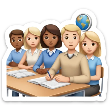 five caucasian people sitting together in classroom learning sticker