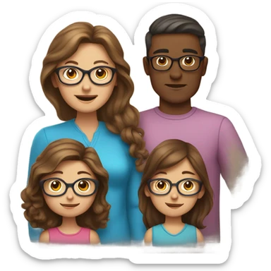 White family of 4, brown hair mom, brown hair boy, 2 girls with glasses and long brown hair sticker