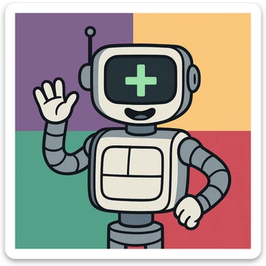 modern robot with digital display showing plus sign, surrounded by Slack brand colors, new user created webhook profile icon, simple and recognizable sticker