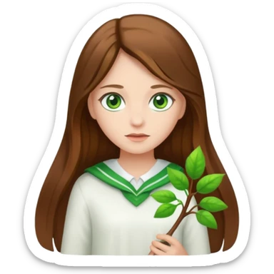 Girl with long brown hair and green eyes and a white ahirt sticker