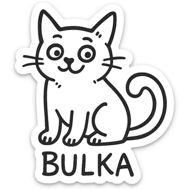 hand-drawn black outline icon of a playful cat named Bulka, sitting with its tail curled sticker