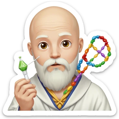 completely bald guy, with a long, white wizard beard tied down in a hair tie, eating a strand of dna sticker