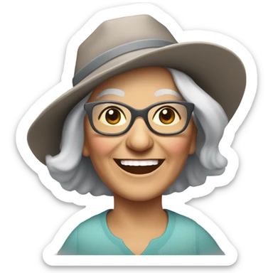smiling younger grandma with hat and sunglasses , longer grey hair outdoors with a donkey sticker
