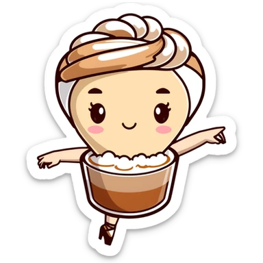 Ballerina twirling in a cappuccino cup, coffee foam creating her tutu sticker