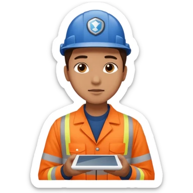 create a realistic emoji shwoing logistic worker controling something with an ipad sticker