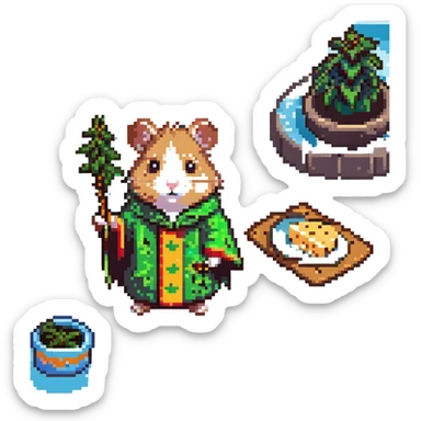 discord server icon, circular, centered composition of a hamster cult weed and cheese pool party at night, 80s arcade style, pixelated graphics, neon colors, space invader elements sticker