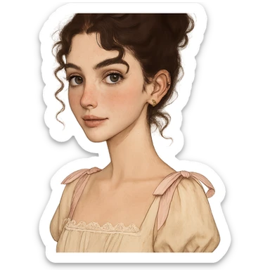 Portrait of a cute white-skinned girl with a V-shaped face and slim build, dark brown curly hair up to shoulder blades styled in a messy bun with two curly strands and a mini curl in front of each ear. Large almond-shaped brown eyes with a neutral to positive gaze, very long lashes, subtle straight brown eyeliner, brown waterline. Medium Greek nose, straight and slightly thick brown eyebrows, medium lips with light brown lipstick. Noticeable cute pink blush, few freckles on cheeks and nose, wearing coquette style clothing. Piercings: 1, 2, 3 lobes, helix and tragus on each ear. Neutral background. sticker