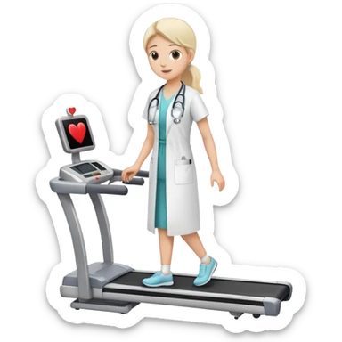 treadmill, patient in hospital gown, heart monitor, and doctor sticker