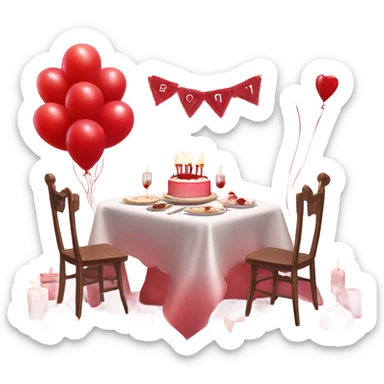 Red romantic party setting for two people and heart balloon  table with white cloth and candle with bows on the table and white Korean cake sticker
