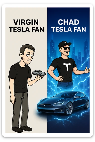 make virgin vs chad meme on tesla fan sticker