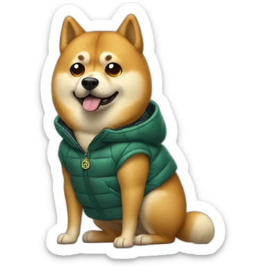 Bulked Doge in puffer jacket holding bitcoin sticker