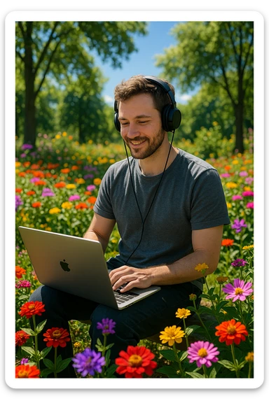 Freelancer working in garden with laptop and headphones, surrounded by flowers and trees, sunny sticker