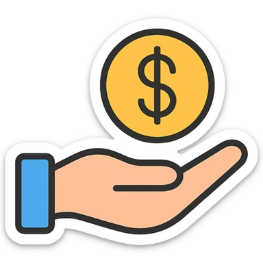 a hand with a coin and a dollar symbol, representing budget-friendly or affordable options, straightforward design sticker