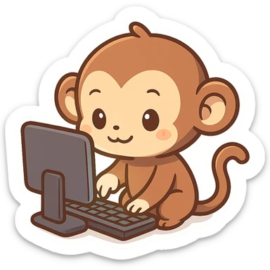 cartoon style monkey tapping keyboard with paw, glowing computer screen, simple background sticker