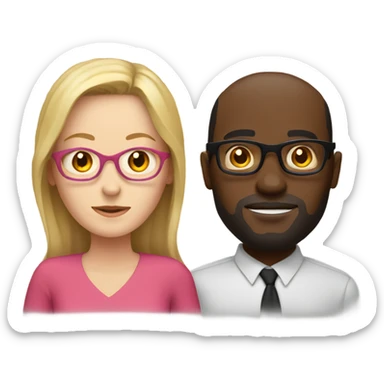 white woman with no glasses wearing a pink dress standing with a black guy with glasses wearing a red shirt sticker