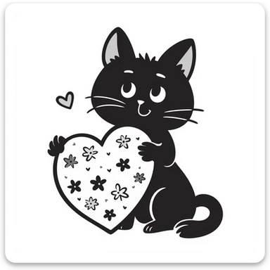 hand drawn cat hugging a heart with floral doodle decorations, doodle style sticker