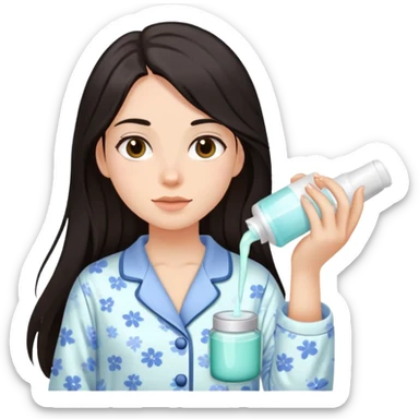 Girl with dark long hair doing skincare in a Pyjama sticker